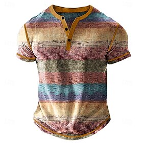 Men's Rainbow Striped Henley Shirt Waffle T Shirt Short Sleeve Daily Retro Vintage Classic Sports Outdoor Casual Holiday Spring Summer All Seasons Blue Purple