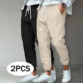 Men's Linen Pants Trousers Summer Pants Beach Pants Casual Pants Pocket Elastic Waist Multi-pack Solid Color Comfort Breathable Full Length Outdoor Home Daily