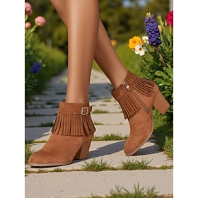 Women's Faux Suede Fringe Ankle Boots with Block Heels – Western Style for Garden Parties, Farm Festivals and Autumn Casual Wear