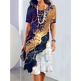 Women's Midi Dress Print Dress Fashion Modern Daily Tea Party Going out Loose Fit Floral Abstract Short Sleeve Crew Neck Blue Black Yellow Dark Blue Summer Spr