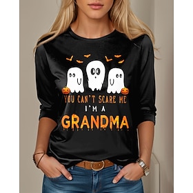 Halloween Women's T shirt Ghost Crew Neck Long Sleeve Tunic Graphic Letter Vintage Stylish Classic Regular Tops Daily Print Pink Blue Orange Green Spring Fall