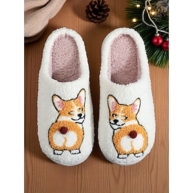Women's Cozy Indoor Slippers with Corgi Embroidery – Cute Warm House Shoes for Winter and Lounging