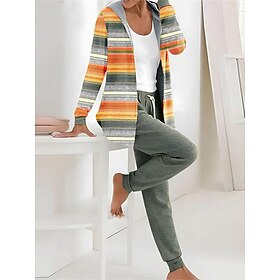 Women's 2 Pieces Hoodie Tracksuits Long Sleeve Daily Hooded Graphic Striped Leaves Zipper Drawstring Print Casual Yellow Pink Khaki Fall Regular Fit