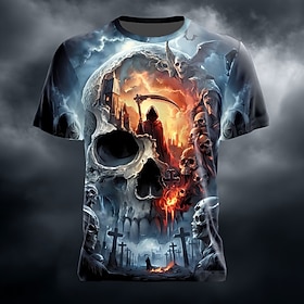 Halloween Men's Skull Skull 3D T Shirt Short Sleeve T shirt 3D Print Crew Neck Shirt Fashion Exaggerated Daily Party Street Casual Blue Purple Green Summer Spr
