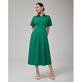 Women's Maxi Dress Vintage Green Cotton Pleated Waist Shirt Collar Casual Elegant Spring Summer Fall