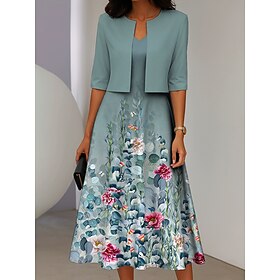Set di abiti da donna a due pezzi abito midi con giacca abito elegante a linea maniche a ¾ casual semi formale stampa floreale ombre scollo a V data rosa blu v