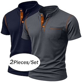 Homme Chemise Henley T-shirt Manche Courte Couleur Unie Uni Couleur Pleine Occasionnel Avec Poches 2 pièces Boutons Henley Extérieur Occasionnel Quotidien Été