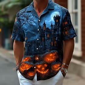 Halloween Men's Pumpkin Cemetery Costumes Shirt Cuban Collar Shirt Button Up Shirt Short Sleeve Dark Punk Gothic Style Holiday Streetwear Summer Camp Collar Sh