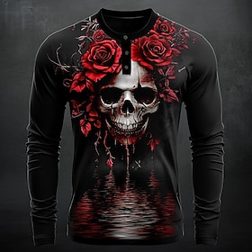 Halloween Men's Graphic Cool Skulls Henley Shirt Long Sleeve Fashion Cute Daily Casual Holiday Fall Spring  Fall Black Henley Henley T-Shirt