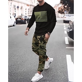 Men's Sweatshirt Tracksuit Sweatsuit Army Green Green Crew Neck Camouflage 2 Piece Sports  Outdoor Daily Holiday Polyester Streetwear Basic Casual Spring Fall