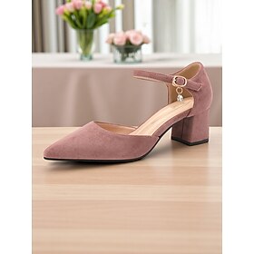 Women's Pink Suede Ankle Strap Block Heels – Elegant Pointed Toe Dress Pumps with Charm Detail for Weddings, Parties, and Office Wear