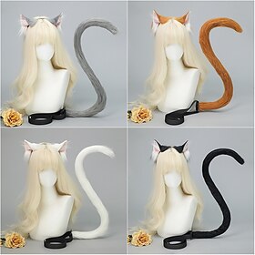Realistic Cat Ears Headband with Tail Set – Handmade Furry Animal Ears, Cat Cosplay Accessories for Convention, Cosplay, Party, and Halloween