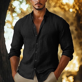 Men's Shirt Linen Shirt Button Up Shirt Plain Vacation Casual Black Yellow Navy Blue Brown Long Sleeve Lapel Summer Fall Clothing Apparel Buttons