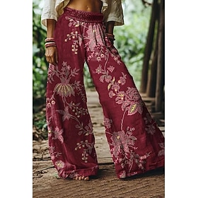 Women's Culottes Wide Leg Vacation Vintage Ethnic Style Full Length High Waist Floral Graphic Quick Dry Breathability Soft Inelastic Casual Outdoor Vacation Re