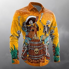 Halloween Men's Raise A Glass by David Lozeau Guitar Skulls Button Up Shirt Long Sleeve Designer Shirt Limited Artist Edition