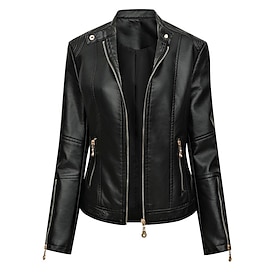 Women's Faux Leather Jacket Casual Jacket Comfortable Breathable Zipper Pocket Fashion Casual Plain Vacation Street Casual Daily Wear Zipper Short Turndown Sli