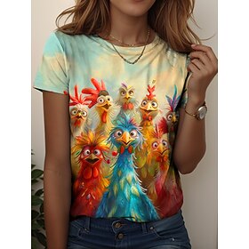 Women's T Shirt Print Graphic Animal Rooster Vintage Stylish Casual Short Sleeve Crew Neck Regular Tops Daily Weekend Blue Yellow Dusty Blue Summer Spring