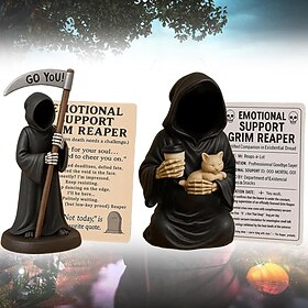 Emotional Support Grim Reaper Figurine Halloween Grim Reaper Statue with Emotional Support Card Gothic Gifts for Adults Teens - Existential Dread Companion