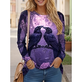 Halloween Women's T shirt Bat Long Sleeve Crew Neck Long Sleeve Tunic Floral Graphic Animal Vintage Stylish Classic Round Neck Regular Tops Daily Print Blue Pu