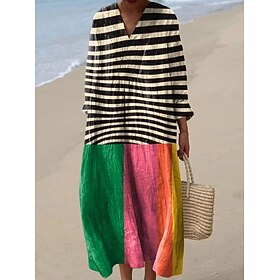 Women's Midi Dress V Neck Long Sleeve Kaftan Lightweight Loose Fit A Line Dress Casual Boho Going out Loose Fit Graphic Geometric Long Sleeve V Neck Yellow Lig