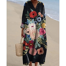 Women's Midi Dress Casual Dress Print Dress Fashion Modern Daily Beach Weekend Regular Fit Floral Long Sleeve V Neck Black Yellow Green Spring Fall