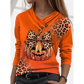 Halloween Women's T shirt Pumpkin Vintage Stylish Casual Long Sleeve V Neck Regular Tops Daily Buttons Print Black Yellow Orange Fall Winter