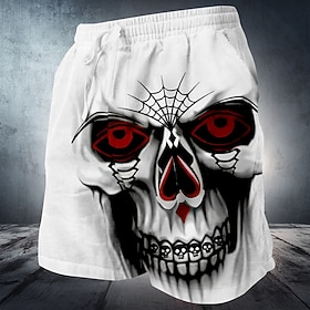 Halloween Men's Big Eyes Costumes Skulls Sweat Shorts Beach Shorts Terry Shorts Mid Waist Dark Gothic Style Vacation Holiday 3D Print with Side Pocket Elastic