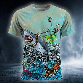Halloween Men's David Lozeau Skull Shark T Shirt Short Sleeve T shirt 3D Print Crew Neck Shirt Daily Gothic Horror Party Street Casual Lake Blue Yellow Red Sum