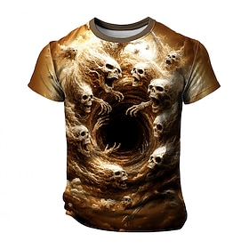 Halloween Men's Skull Optical Illusion 3D T Shirt Short Sleeve T shirt 3D Print Crew Neck Shirt Exaggerated Designer Horror Party Street Casual Yellow Blue Pur