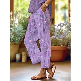 Women's Linen Like Chinos Vacation Vintage Ethnic Style Ankle-Length High Waist Floral Graphic Leaf Pocket Soft Outdoor Breathable Inelastic Casual Daily Vacat