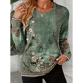 Women's T shirt Long Sleeve Crew Neck Long Sleeve Tunic Ombre Floral Graphic Vintage Stylish Classic Round Neck Regular Tops Daily Print Sage Green Fall Prefal