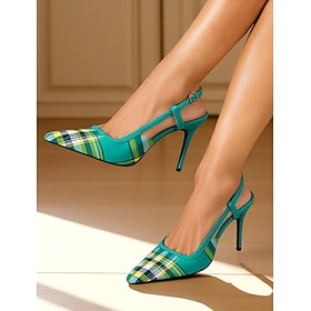Women's Green Plaid Slingback Stiletto Heels – Retro Tartan Pointed Toe High Heels for Spring Parties, Afternoon Teas, and Vintage-Inspired Looks