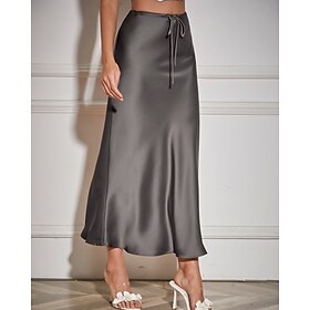 Women's Skirt Casual Maxi Mid Rise Skirts Plain Drawstring Micro-elastic Vacation Street Wine Navy Black Army Green Fall Polyester