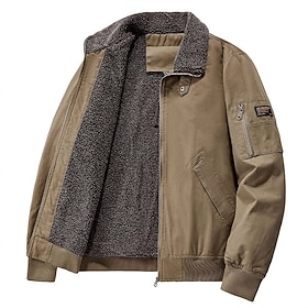 Men Outdoor Jacket Bomber Jacket Padded Sherpa Training Outdoor Thermal Warm Windbreaker Fleece Collar Winter Solid Color Casual Regular Black Dark Green Khaki