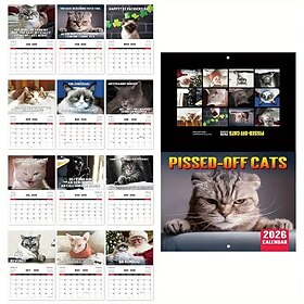 2026 Angry Cat Kung Fu Cat Calendar Funny Dog Poop Calendar Laminated Monthly Planner with English Dates January to December Ideal for Home or Office Decor Per