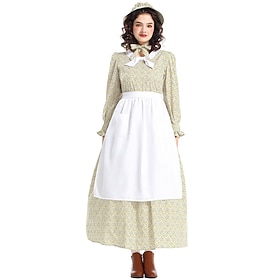 19th Century 1800s Old West Prairie Dress Bonnet and Apron Set Pioneer Floral Fancy Dress Women's Halloween Carnival School Event Dress Up Historical reenactme