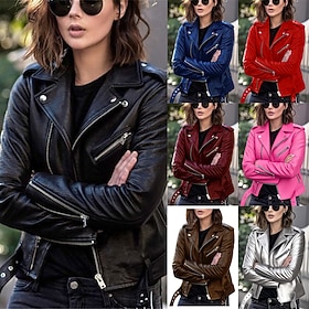 Women's Faux Leather Jacket Biker Jacket Comfortable Full Zip Fashion Street Style Plain Outdoor Casual Daily Regular Turndown Regular Long Sleeve Outerwear Si