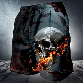 Halloween Men's Skull Flame Costumes Sweat Shorts Beach Shorts Terry Shorts Mid Waist Dark Gothic Style Vacation Holiday 3D Print with Side Pocket Elastic Draw