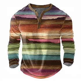 Men's Rainbow Geometic Henley Shirt Waffle T Shirt Long Sleeve Vintage Daily Retro Vintage Sports Outdoor Casual Holiday Spring  Summer All Seasons Dark Brown
