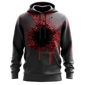 Halloween Men's Blood Splatter 3D Mouth Hoodies Sweatshirt Punk Exaggerated Gothic Casual Long Sleeve Crew Neck Hooded Streetwear Club Red Drak Red Drawstring