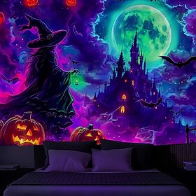 Halloween Blacklight Wall Tapestry – UV Reactive Glowing Moon over Haunted Forest Neon Colors Spooky Night Scene, Glow in the Dark Gothic Wall Hanging for 2025