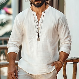 Men's Shirt Linen Shirt Summer Shirt Beach Shirt Solid Color Vacation Casual Black White Blue Green Long Sleeve Henley Summer Spring Clothing Apparel