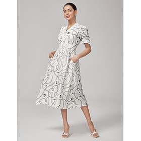 Damen Weiblich Freizeitkleid Midikleid Weiß Kurzarm Ketten drucken Puffärmel Sommer Herbst V Ausschnitt Urlaub…: retailer-supplied image