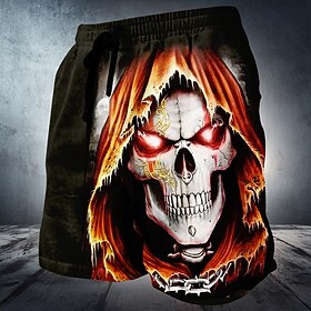 Halloween Men's Skull Optical Illusion Death Sweat Shorts Beach Shorts Terry Shorts Mid Waist Dark Gothic Style Vacation Holiday 3D Print with Side Pocket Elas