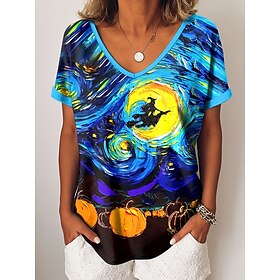 Halloween Women's T shirt Witch Graphic Abstract Vintage Casual Short Sleeve V Neck Regular Tops Daily Weekend Vacation Wear Print Blue Orange Green Summer Fal