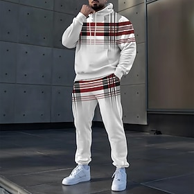 Men's Plaid Color Block 2pcs 3D Sweatshirt Sets Tracksuit Hoodie Sweatshirt Long Sleeve Long pants Hooded Sporty Casual Daily Athleisure 3D Print Spring Fall W
