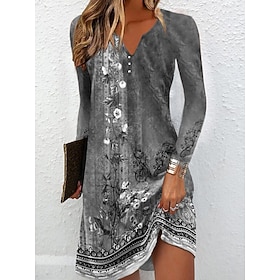 Women's Mini Dress Floral Dress Print Dress Fashion Modern Daily Vacation Going out Regular Fit Floral Long Sleeve V Neck Gray Summer Spring