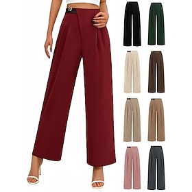 Women's Wide Leg Streetwear Casual Full Length Natural Plain Pocket Elastic Waist Comfortable Outdoor Vacation Holiday claret Dark-Gray Camel Black Fall Regula