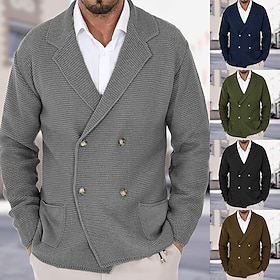Men's Sweater Cardigan Sweater Ribbed Knit Regular Tops Knitted Plain Notch Modern Contemporary Smart Casual Office Casual Clothing Apparel Spring   Fall Black