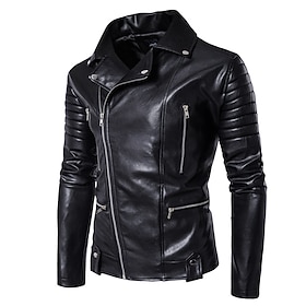Men's Faux Leather Jacket Biker Jacket Motorcycle Jacket Vacation Daily Windproof Warm Pocket Fall Winter Plain Fashion Classic Lapel Regular Black Jacket